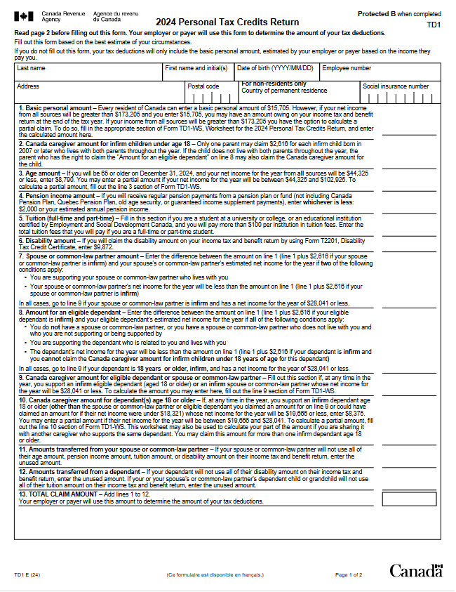 Canada TD1 Personal Tax Credits Return 2024