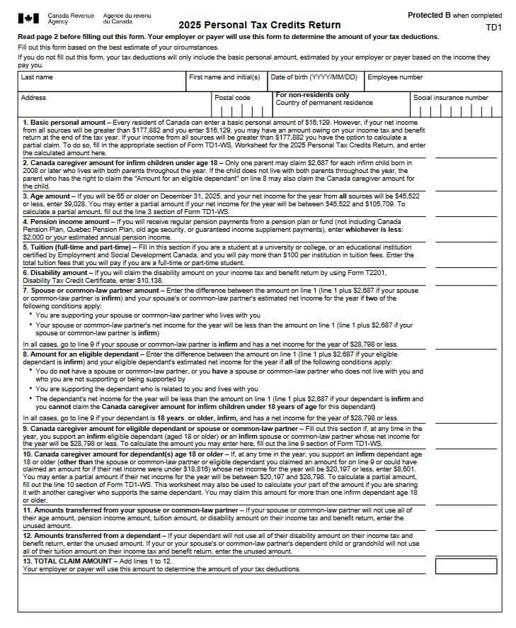 TD1 Personal Tax Credits Return 2025 Canada